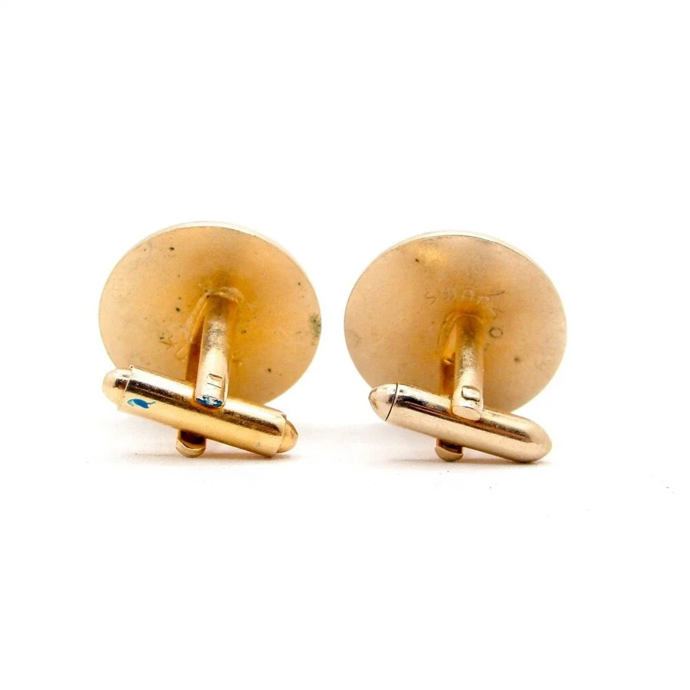 Vintage Swank Blue Enamel Cufflinks Gold Tone Round Circle MCM Formal Wedding